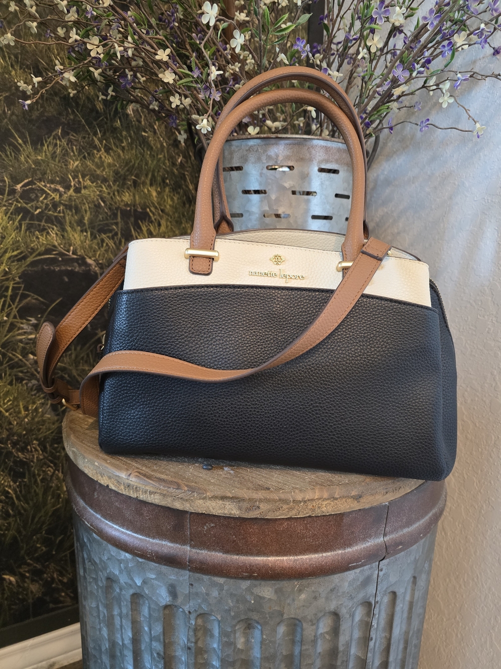 Anne Klein Black, Cream & Tan Colorblock Crossbody Satchel